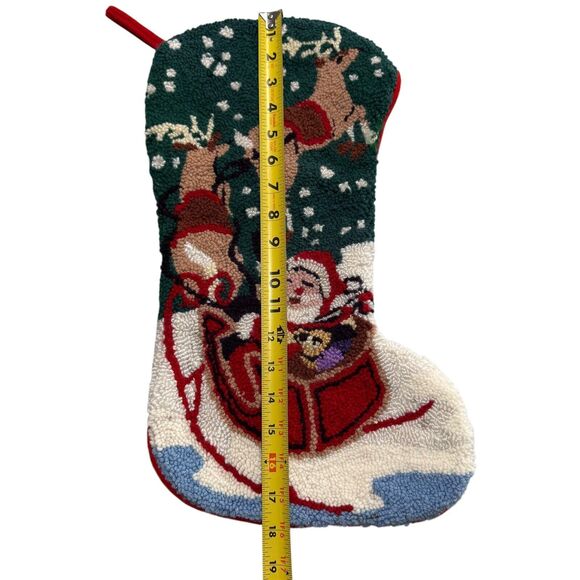 Vintage Santa Sleigh Reindeer 18" Christmas Stocking Loop Punch Needle Kitschy - Picture 6 of 12